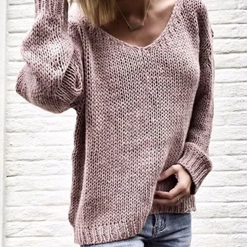 2020 Efterår Og Vinter V Neck Strikket Pullover Solid Farve Løs Sweater Kvinder Sweater Mode Kvinder Tøj