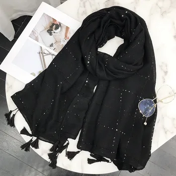 2020 Mode Ensfarvet Marineblå Med Hvid Kvast Viscose Sjal Tørklæde Efteråret Varm Wrap Pashmina Sjaal Muslimske Hijab Forfang 180*90Cm