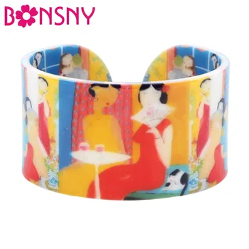 Bonsny Plast Traditionelle Kinesiske Shanghai Oriental LadyParty Armbånd Armbånd, Mode, Vintage Etniske Håndværk Smykker Til Kvinder