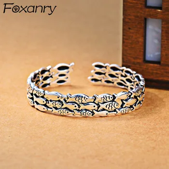 Foxanry 925 Sterling Sølv Charm Armbånd til Kvinder, Par Thai Sølv Fine Smykker, Vintage Søde Fishs Fest Tilbehør