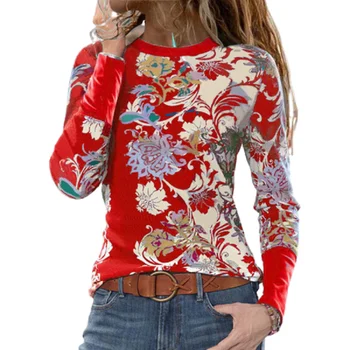 5XL Plus Size Foråret Kvinder langærmet T-Shirt Afslappet Boho Print Tee Pullover Røde Toppe Damer Streetwear Shirt Kvinder Tøj