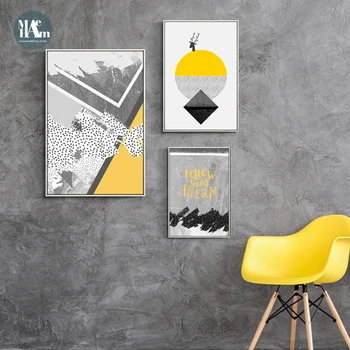 Nordisk Hjorte Abstrakte linjer væg kunst, Lærred Maleri Udskriver Sort Hvid gul Plakater til stuen Morden indgået Indretning
