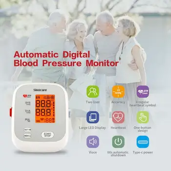 Sinocare Blood Pressure Monitor overarm , Automatisk Digital Blodtryksmaaler med 2 Brugere 120-Hukommelse