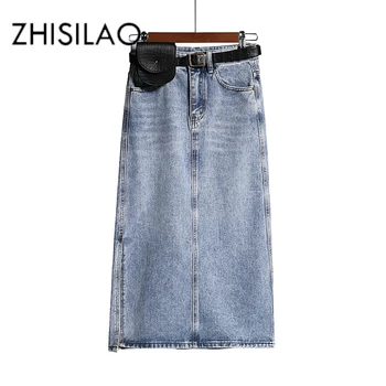 Lang Denim Nederdel Kvinder Vintage Høj Wasit Jeans Nederdel med Bælte Plus Size Lige A-line Nederdel, Elegant Sommer 2020 Chic