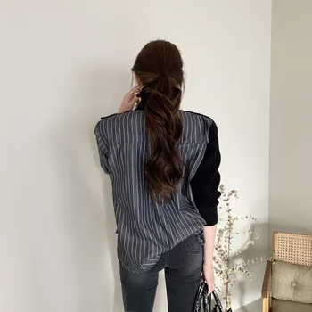 ZCSMLL koreanske Mode Design og Høj Hals Smarte Side Knapper Falske To-stykke Shirt Syning Stribet Puff Ærmer Kvinder Sweater