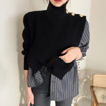 ZCSMLL koreanske Mode Design og Høj Hals Smarte Side Knapper Falske To-stykke Shirt Syning Stribet Puff Ærmer Kvinder Sweater