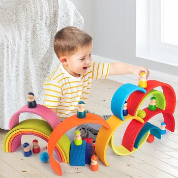Stor størrelse Rainbow Stacker Træ-byggesten Baby Legetøj Kreative Rainbow byggesten Montessori Børn Pædagogisk Legetøj