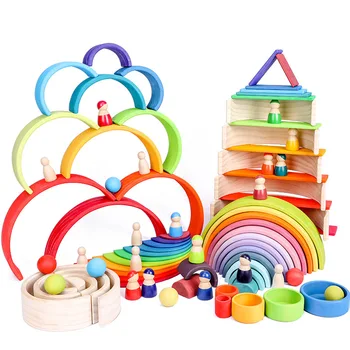 Stor størrelse Rainbow Stacker Træ-byggesten Baby Legetøj Kreative Rainbow byggesten Montessori Børn Pædagogisk Legetøj