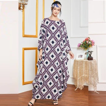 Siskakia Oversize Kjoler Etniske Geometriske Print Batwing Ærme Dressing Gowms for Kvinder Lilla Dubai arabisk Muslimsk Tøj, New