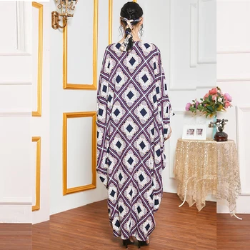 Siskakia Oversize Kjoler Etniske Geometriske Print Batwing Ærme Dressing Gowms for Kvinder Lilla Dubai arabisk Muslimsk Tøj, New