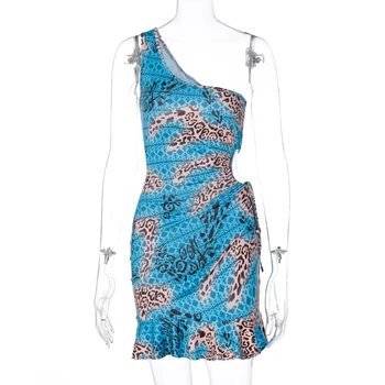 Hugcitar 2020 leopard print flæser klip en-skulder bandage sexet mini kjole efterår og vinter kvinder streetwear tøj