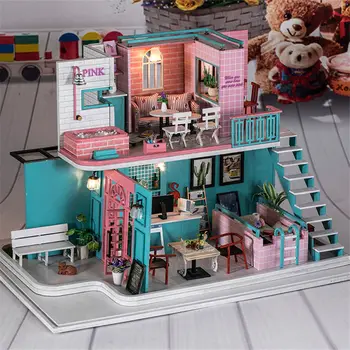 Pink cafe store dukke hus 1:12 vin med led lys swimmingpool træ-miniature diy dukkehus kits speelgoed voor kinderen