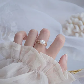Fine Smykker 14K Ægte Guld Justerbar ferskvandsperle Ringe til Kvinder Elegant Bølge forlovelsesringe