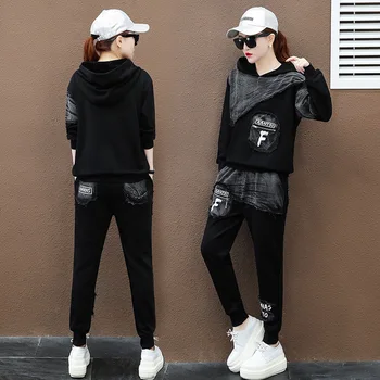 Antal LuLu Efteråret 2019 Mode Koreanske Streetwear Dame Toppe Og Bukser Dame To Delt Sæt Af Denim Tøj Vintage Hætteklædte Træningsdragt