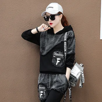 Antal LuLu Efteråret 2019 Mode Koreanske Streetwear Dame Toppe Og Bukser Dame To Delt Sæt Af Denim Tøj Vintage Hætteklædte Træningsdragt