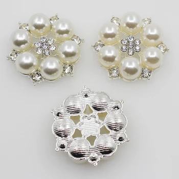50pc 28mm sølv runde Floert elfenben perle med Rhinestone Knap metal Bryllup invitationer dekorere hår blomst center scrapbooking