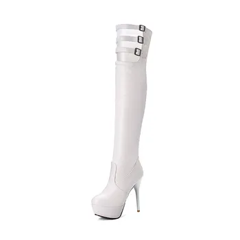 Lloprost ke 2020 stor størrelse 46 lårlange over knæet støvler kvinder rund tå tynd høj platform støvler sexet gladiator sko kvinde
