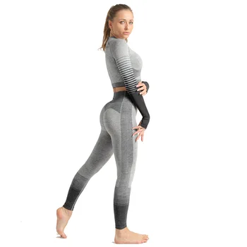Sømløs Strikning Yoga Sæt Dame Langærmet+Bukser Fitness Træningsdragt Yoga Legging Stribe Træning, Fitness Tøj, Sports Trop Kvinder