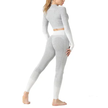 Sømløs Strikning Yoga Sæt Dame Langærmet+Bukser Fitness Træningsdragt Yoga Legging Stribe Træning, Fitness Tøj, Sports Trop Kvinder