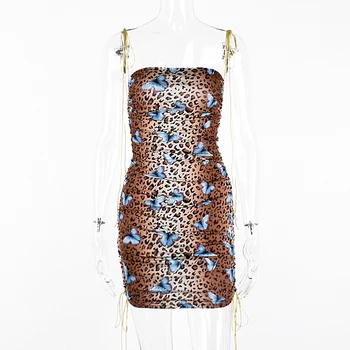 2020 Kvinder Leopard Mini Kjole Sexet Spaghetti-Stropper Butterfly Ruched Bodycon Vestidos Streetwear Backless Kjoler