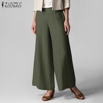 2021 ZANZEA Kvinder med Bred Ben Bukser Solid OL Kontor Bukser Efteråret Elastisk Wasit Bomuld Pantalon Casual Streetwear Palazzo