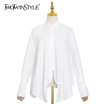 TWOTWINSTYLE Uregelmæssige Hvide Trøje Til Kvinder Revers Lange Ærmer Casual Solid Bluse Kvindelige Mode Nyt Tøj 2020 Efteråret Tidevandet
