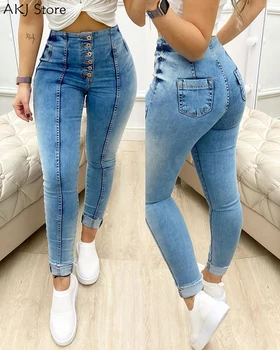 Kvinder Mode Denim Bukser-Knappen Lomme Design Skinny Jeans
