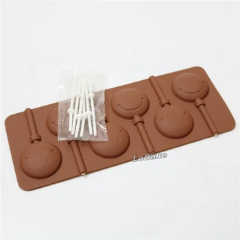 6 hulrum 24*9,5 cm smilende ansigt form chokolade slikkepind forme popsicle is forme med plastik pind til DIY bageri