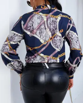 2020 Kvinder Casual Efteråret Tørklæde Kæde Print Knappet Lanterne Ærmet Shirt Turn-down Krave langærmet Dame Bluse