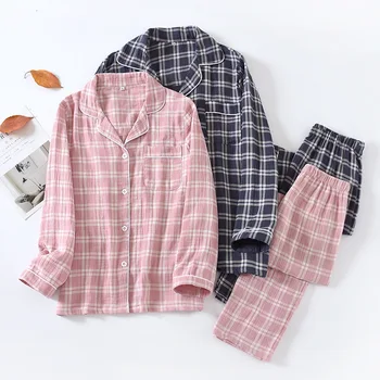 Japansk nye stil forår og efterår par bomuld pyjamas kvinder er simpelt plaid mænd er store størrelse casual hjem passer til