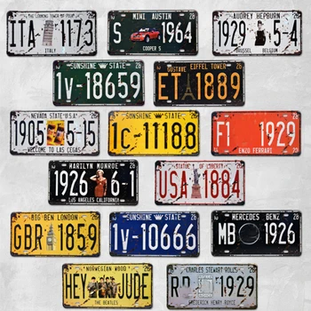 1pc Retro Metal Plakat Bil Nummer Licens Vintage Plade Bar Club Wall Decor 15*30cm USA Motorcykler Pub Garage Tin Plaques Tegn