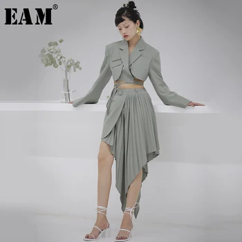 [EAM] Høj Talje Grønne Asymmetrisk Plisserede Temperament Halve krop Nederdel Kvinder Mode Tidevand Forår og Efterår 2021 1S715