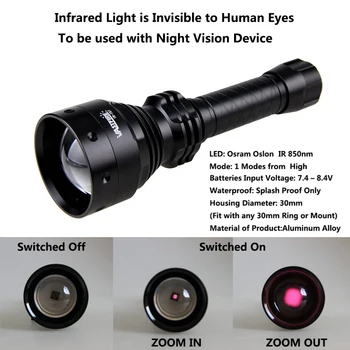 LED Zoomable Infrarød Stråling Våben Lys Taktiske IR 850NM Night Vision Jagt Lommelygte+Riffel Mount+18650+Oplader+Switch
