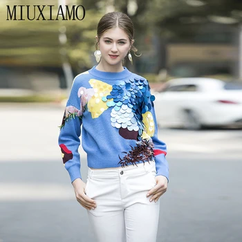 MIUXIMAO Høj Kvalitet Europa Mode 2019 Efteråret Nye Ankomst Afslappet O-Hals Fuld Ærme Pailletter Elegante Sweater Kvinder vestido