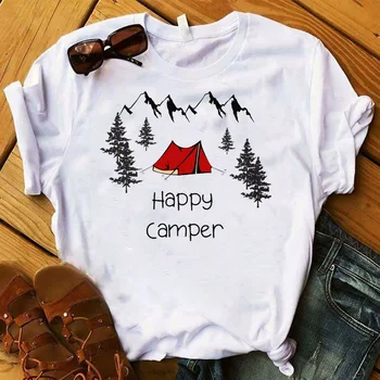 Fashion Kvinder T Plus Size Happy Camper Blomster Blomst Road Trip Graphic Tee Shirt Femme Top Tshirt Kvindelige Damer Tøj, T-shirt
