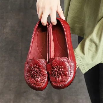 Kære Kvindelige Kvinder, Mor Ægte Læder Sko Lejligheder Slip på Bløde Blomster Sapatos Femininos Plus Size 35-41