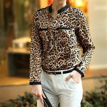 Leopard Print Chiffon Skjorte WomenLong ærmer V -Hals Top Løs Skjorte Camisa Feminina Tøj