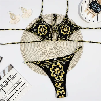 Bandage Badedragt Kvinders Two Piece G-Streng Bikini Mujer 2020 Sexet Hule Print Badning Suit Kvinder Sommeren Halterneck Badetøj Biquini