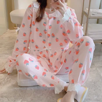 Mode Blomster Tynd Gaze Bomuld Barsel Gravid Pyjamas Amning Nattøj Efter Fødslen, Amning Graviditet Nattøj
