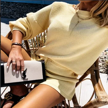 Nye Europæiske Mode Girly Style Macarons Farve Sweater Sæt High Street Pullover O-Hals Puff Ærmer Snøre Fast