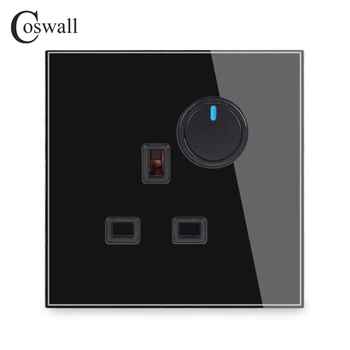 Coswall Glas Panel Væg 13A BS Britisk Sokkel + 1 Gang 2-Vejs Passerer Gennem On / Off Lys Switch Tændt Med LED-Indikator