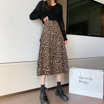 Leopard Nederdel Kvinder Vintage 2021 Nye Efterår Og Vinter A-Linje Lang Nederdel Bløde Mode Afslappet Høj Talje Mid-Kalv Nederdele