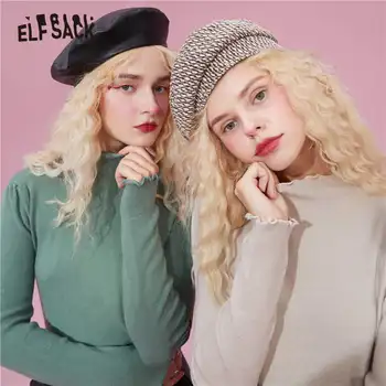 ELFSACK Flerfarvet Solid Krave koreanske Kvinder Strik Pullover, Sweater,2020 Efteråret ELF Rene Minimalistiske Casual Damer Grundlæggende Daglige Top