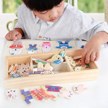 Montessori uddannelse 4 kanin skifte tøj til børn i den tidlige barndom træ puslespil dressing spil, puslespil blokke legetøj