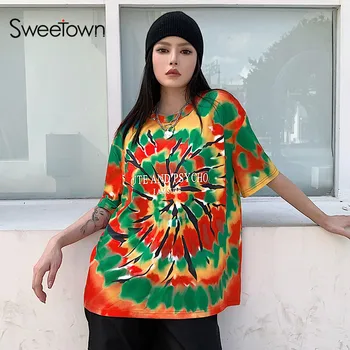 Sweetown Casual Løs Oversize Kvinder Tshirt Streetwear Korte Ærmer Koreanske Mode Tøj Tie Dye Print Sommer Top T-Shirts