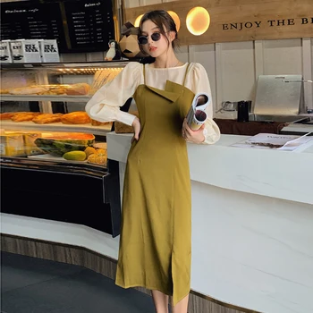 Koreanere To styk Kjole 2020 Efteråret Ærmeløs Lang Sundress med bluse Kvinder Streetwear Spaghetti Strop Split Kjoler vestidos