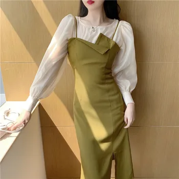 Koreanere To styk Kjole 2020 Efteråret Ærmeløs Lang Sundress med bluse Kvinder Streetwear Spaghetti Strop Split Kjoler vestidos