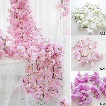 2M Kunstige blomster Sakura Cherry Rattan Bryllup Arch indretning Vin Home party Silke Ivy væggen Hænger Garland Krans Blomst string