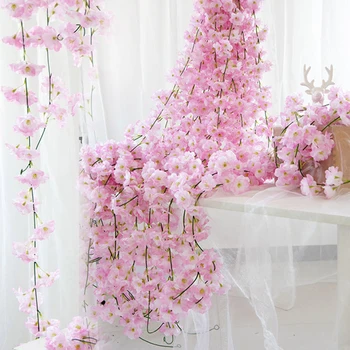 2M Kunstige blomster Sakura Cherry Rattan Bryllup Arch indretning Vin Home party Silke Ivy væggen Hænger Garland Krans Blomst string
