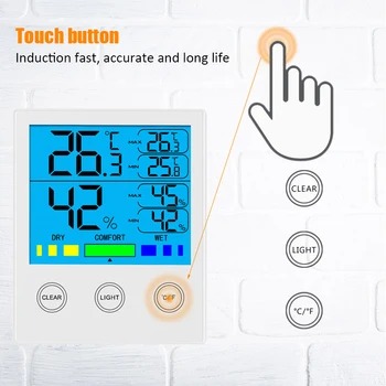 Touch Screen Multifunktions-Termometer Hygrometer LCD Digital Temperatur Luftfugtighed Meter Hjem Indendørs Udendørs hygrometer Thermome